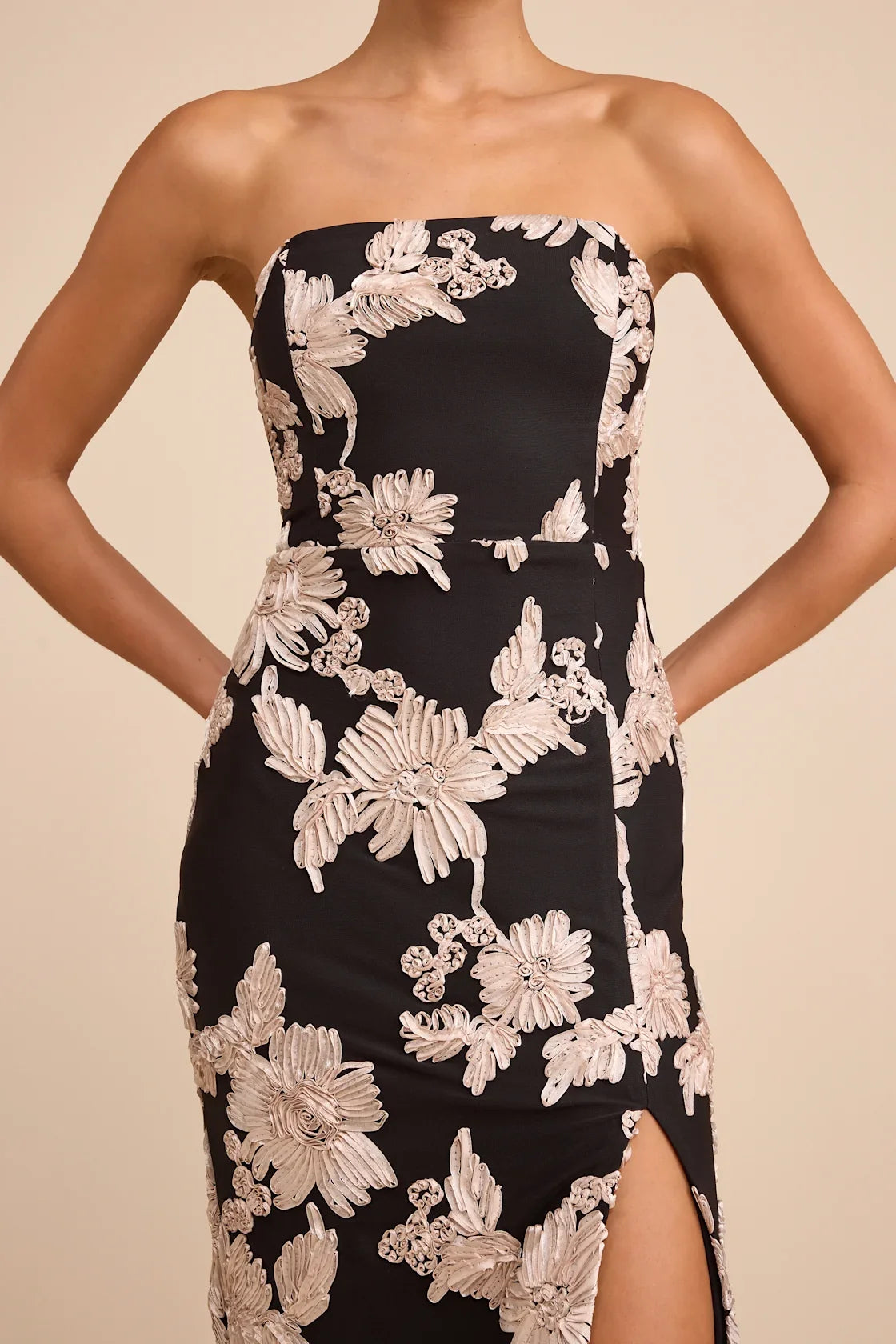 Kattalin Cream Floral Applique Strapless Midi Dress