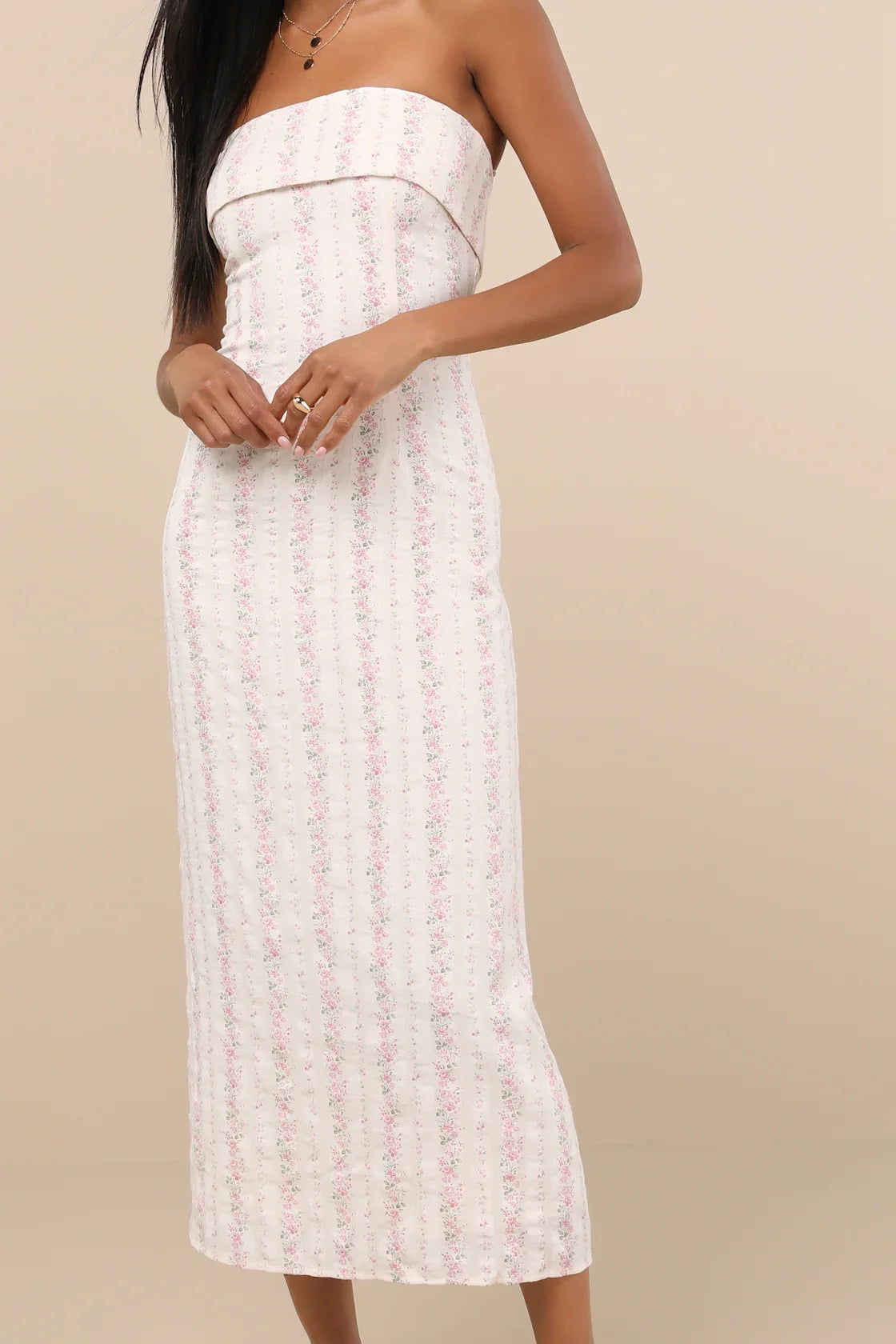 Cosetta Ivory Floral Strapless Midi Dress