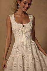 Antionette Cream Embroidered Sequin Button-Front Midi Dress