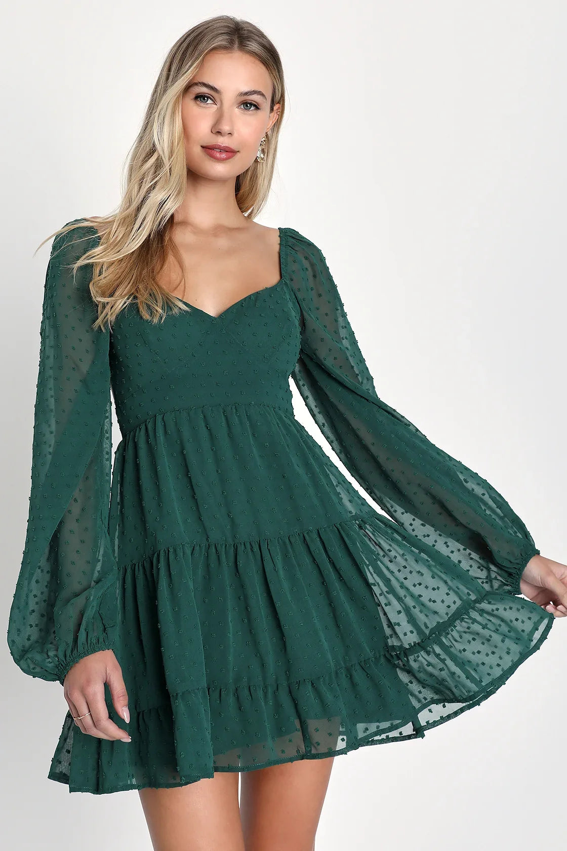 Longing And Love Emerald Swiss Dot Puff Long Sleeve Mini Dress