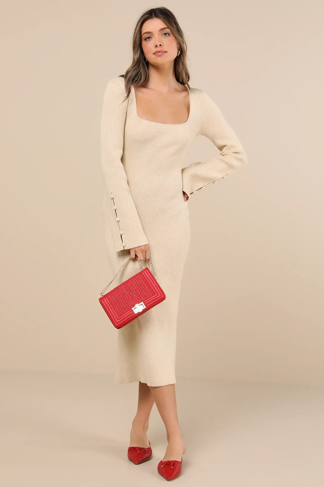 Classy Attitude Emerald Ribbed Square Neck Midi Sweater Dress