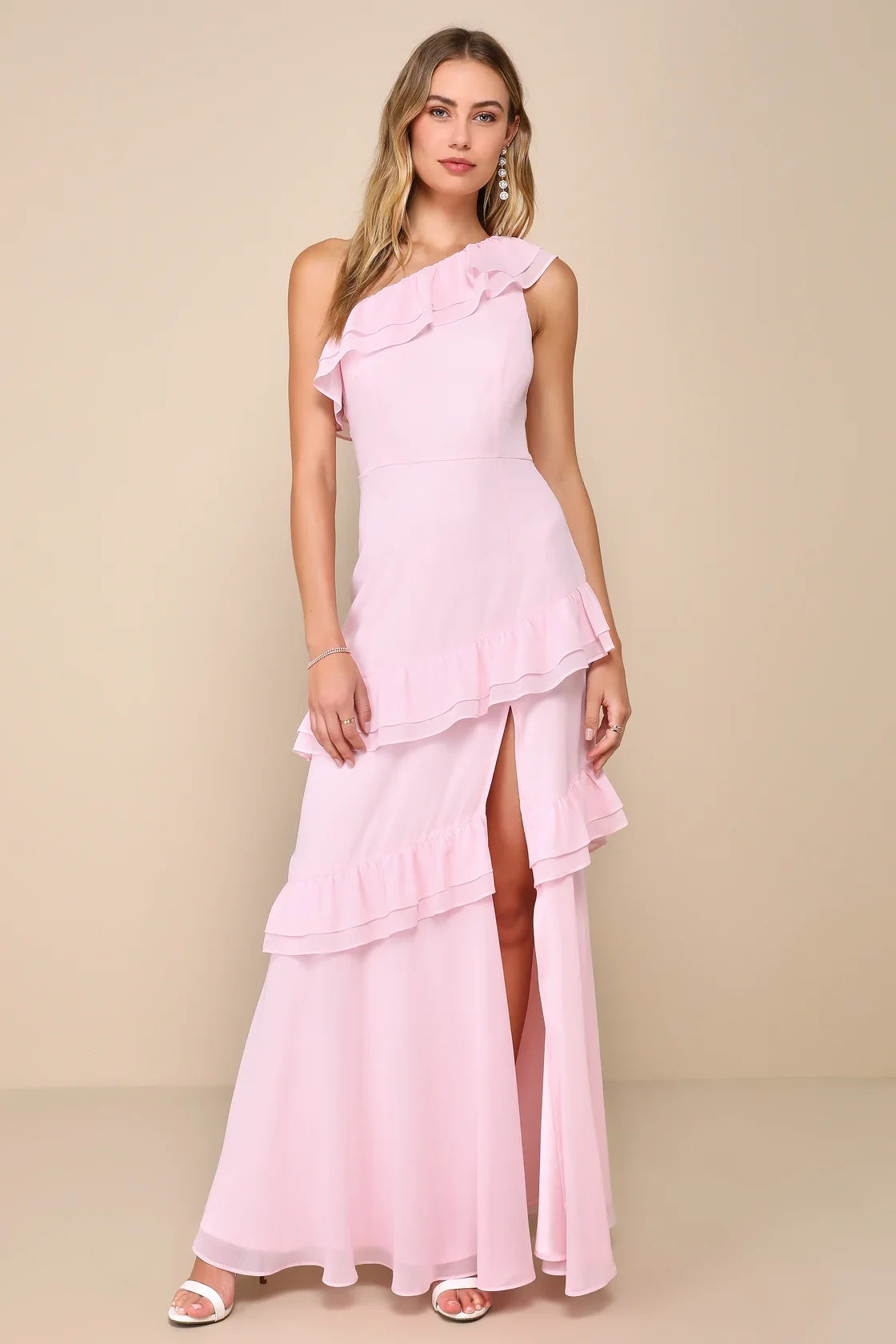 Brilliant Grace Light Pink Ruffled One-Shoulder Maxi Dress