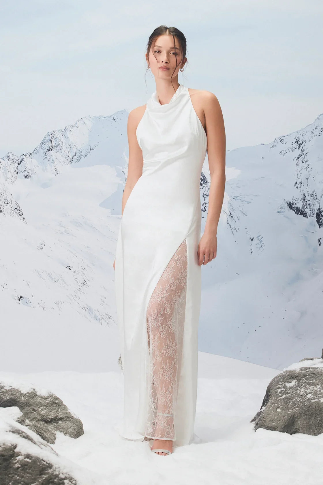 Concetta Ivory Satin Lace Halter Maxi Dress