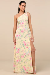 Elegant Admiration Pale Yellow Floral One-Shoulder Maxi Dress