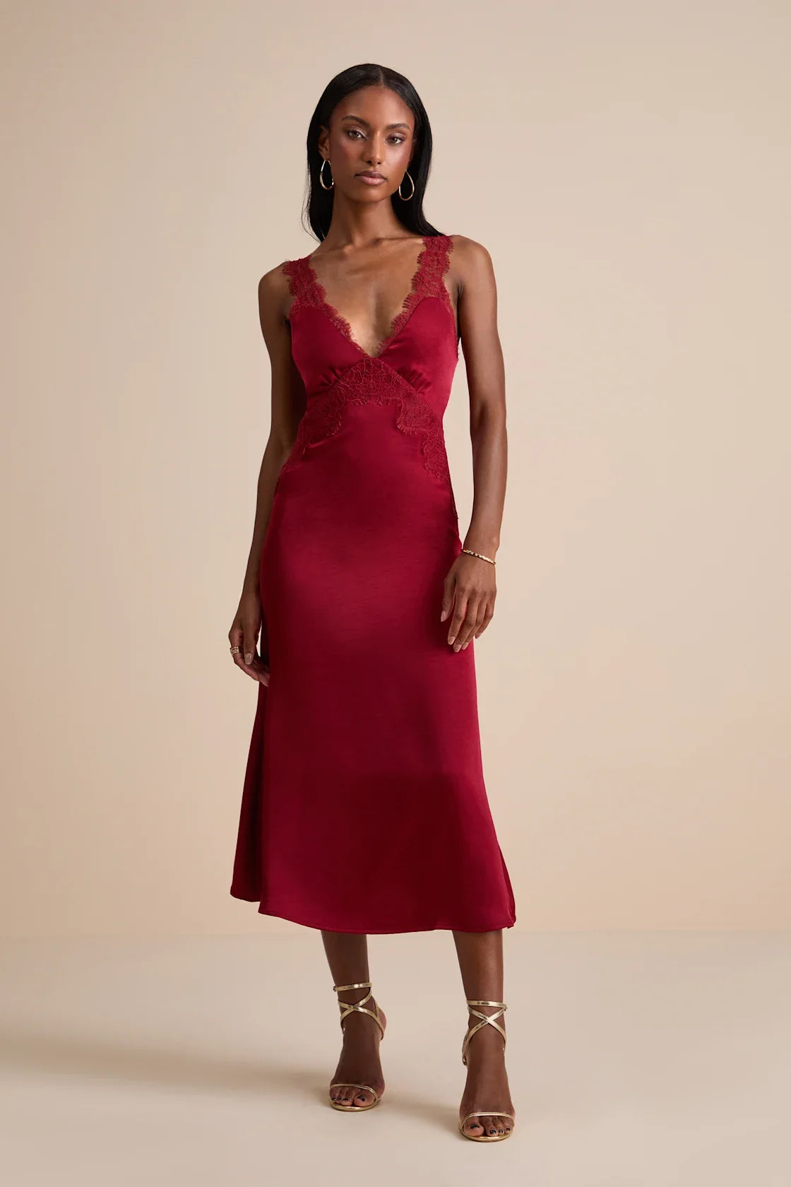 Alayah Red Satin Lace Tie-Back Midi Dress
