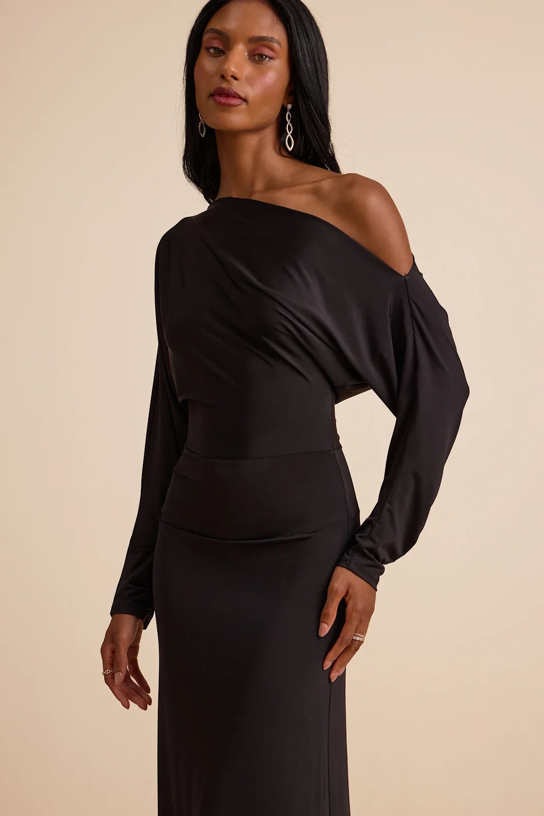 Valani Charcoal Jersey Knit Asymmetrical Long Sleeve Maxi Dress