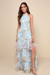 Forever Exceptional Black Floral Halter Organza Maxi Dress