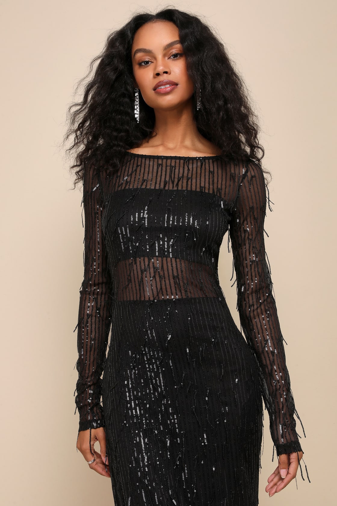 Sheer Fascination Emerald Sheer Mesh Sequin Fringe Maxi Dress