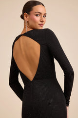 Rhodria Black Rhinestone Cowl Long Sleeve Maxi Dress