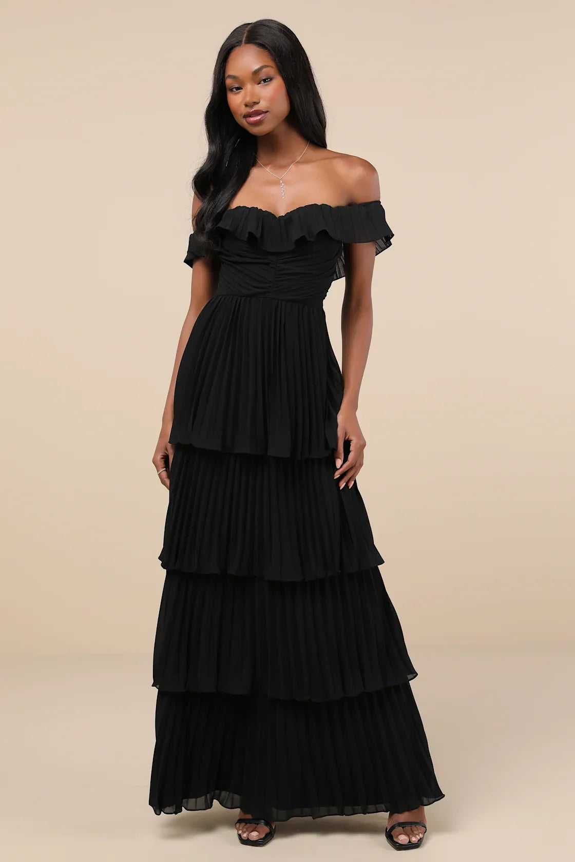 Always Remarkable Black Pleated Off-the-Shoulder Maxi Dress
