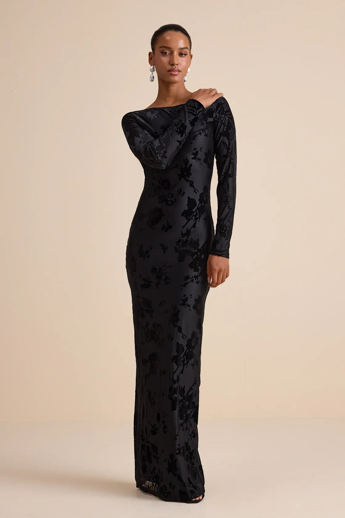 Amiria Light Aqua Burnout Velvet Long Sleeve Maxi Dress