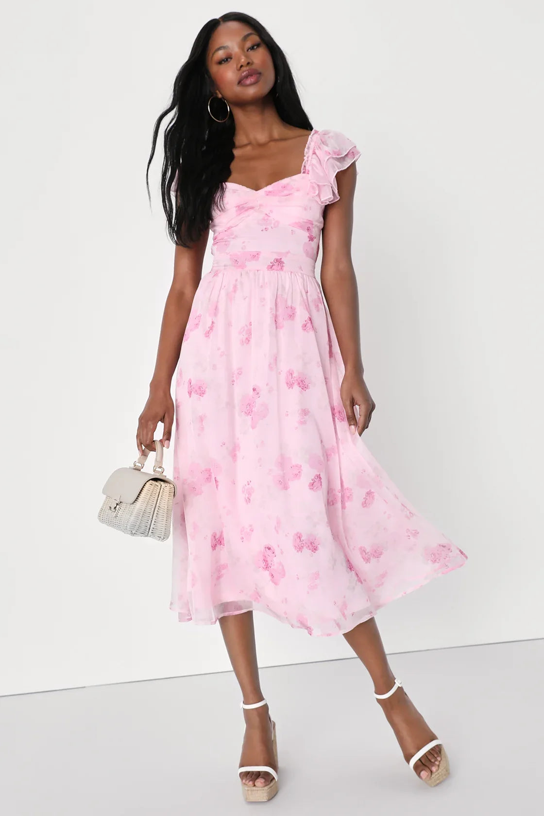 Loveliest Darling Light Green Floral Ruffled Tie-Back Midi Dress