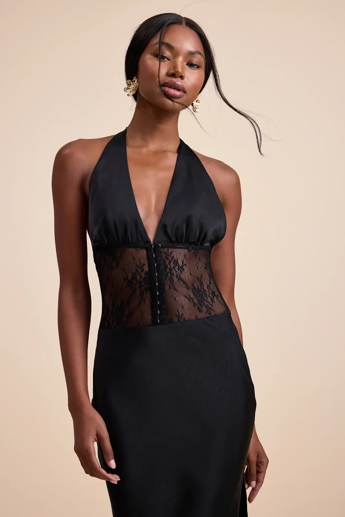 Lennon Black Satin Lace Halter Maxi Dress
