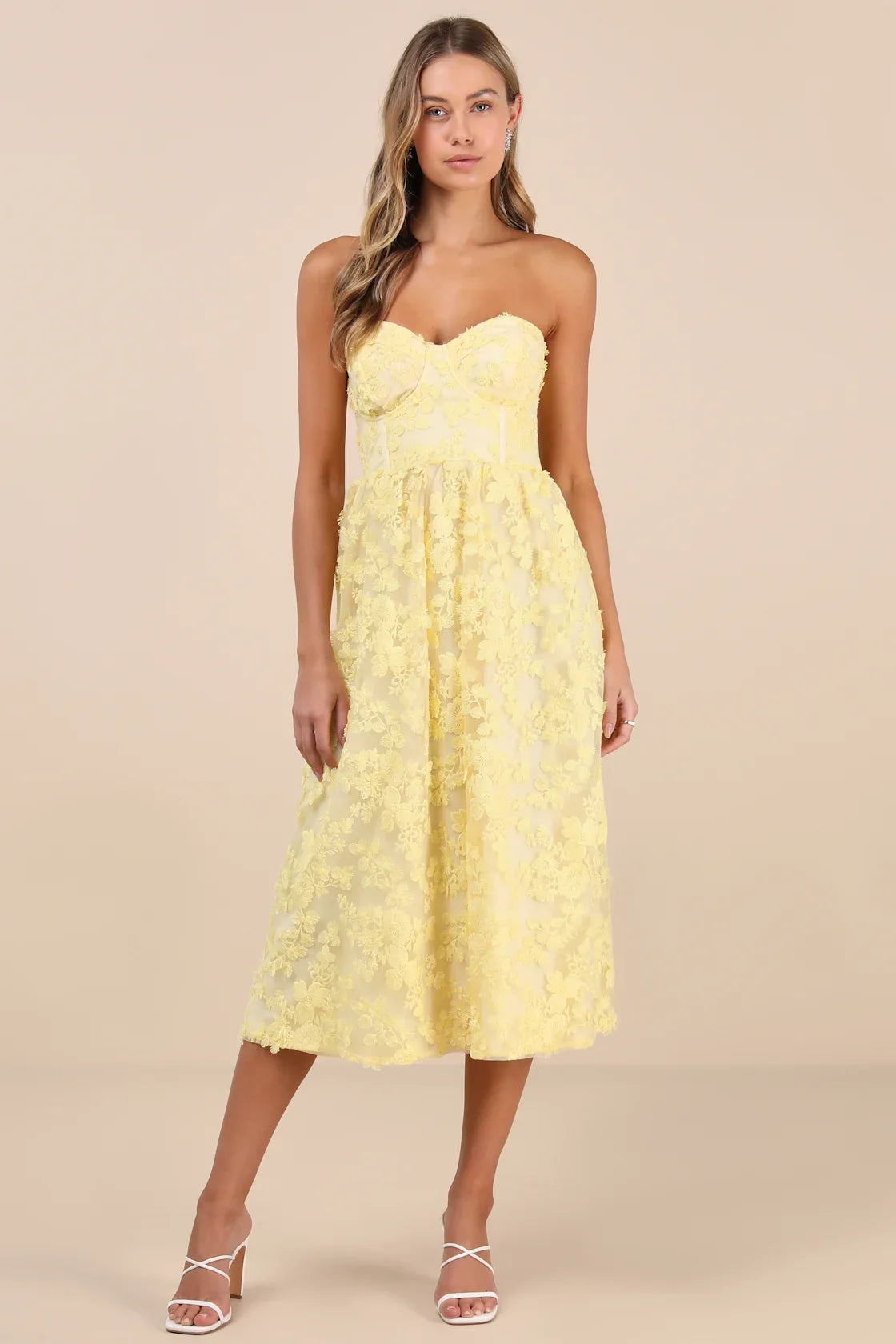 Quite Perfect White Floral Embroidered Strapless Midi Dress