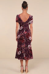 Loving Approach Purple Velvet Burnout Puff Sleeve Midi Dress