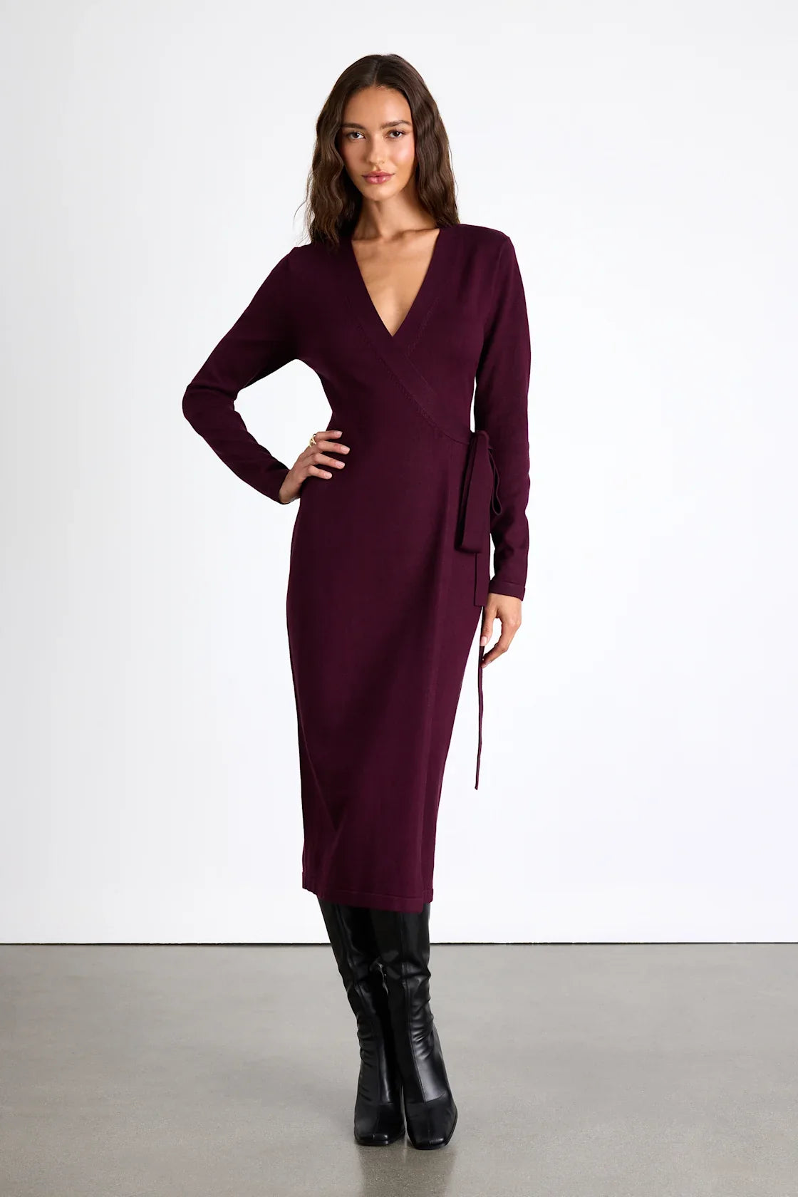Literary Lover Dark Plum Midi Wrap Sweater Dress
