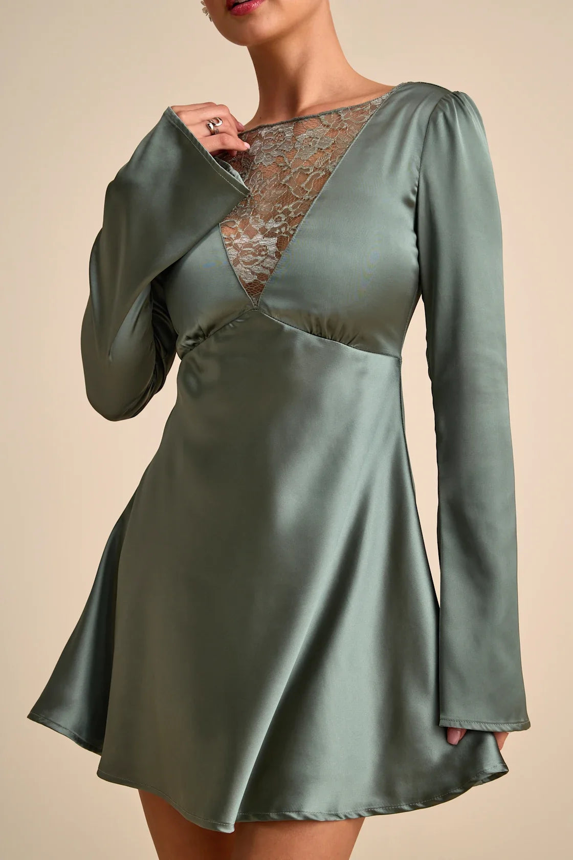 Emberlyn Rusty Rose Satin Lace Long Sleeve Mini Dress