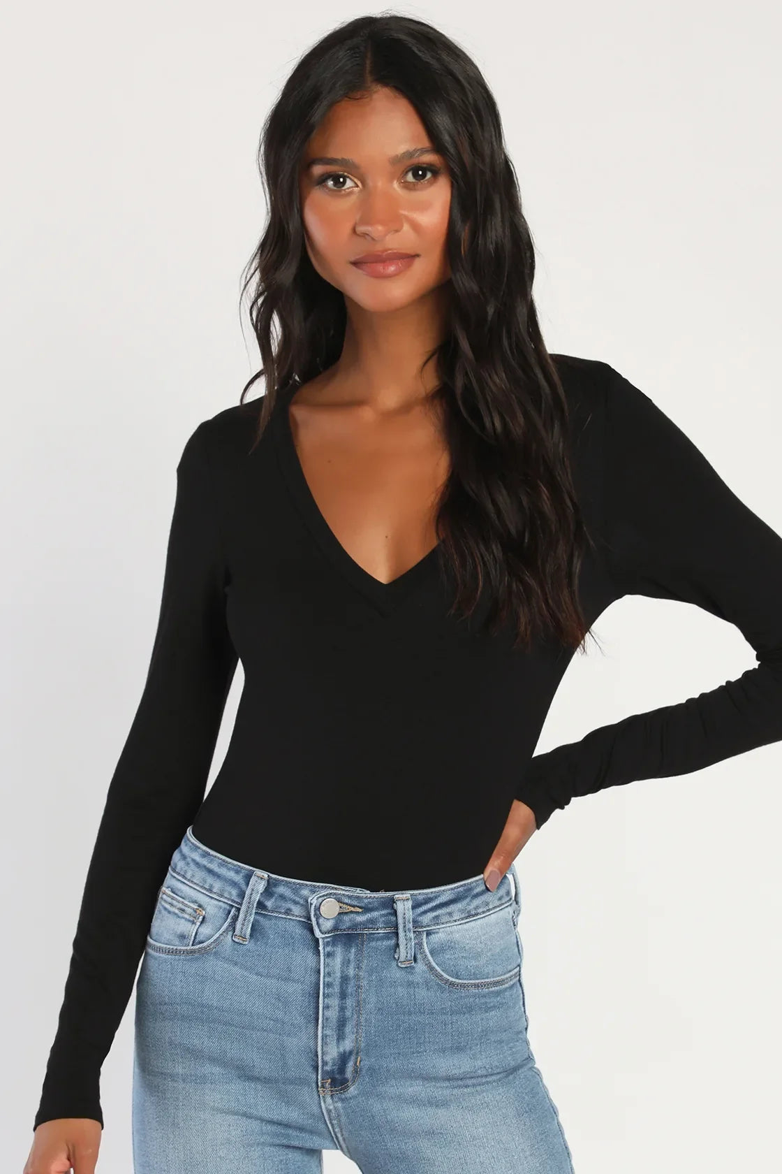 Clean Look White V-Neck Long Sleeve Bodysuit