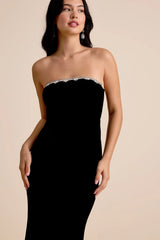 Leesa Black Velvet Rhinestone Mermaid Maxi Dress
