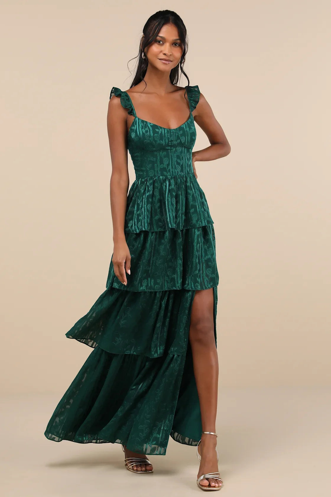 Stunning Glory Navy Blue Floral Jacquard Tiered Maxi Dress