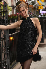 Magnetic Darling Shiny Black Sequin Feather Shift Mini Dress