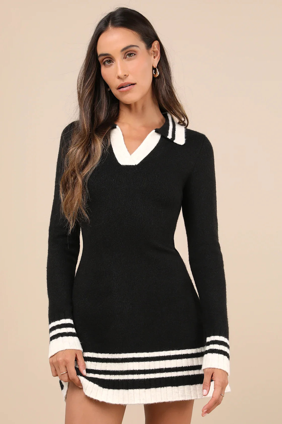 Soft Serenity Heather Ivory and Red Collared Sweater Mini Dress