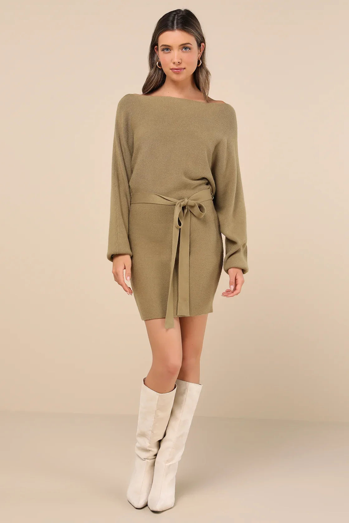 Modern Comfort Olive Green Dolman Sleeve Mini Sweater Dress
