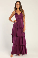Going with Elegance Rust Brown Satin Tiered Gown