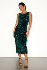 Oslah Emerald Velvet Sequin Cowl-Back Midi Dress