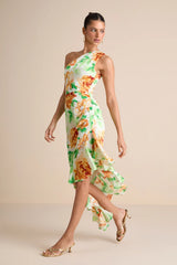 Divinely Blooming Lime Multi Floral One-Shoulder Midi Dress