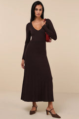 Snuggly Precision Brown Pleated Sweater Midi Dress