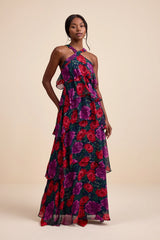 Allegria Navy Floral Clip Dot Tiered Backless Maxi Dress