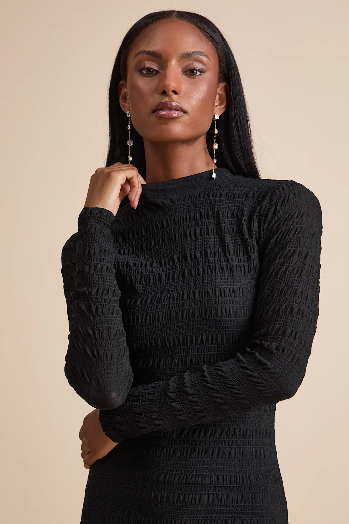 Trendsetting Design Brown Textured Long Sleeve Maxi Dress