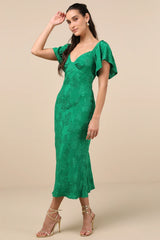 Effervescent Afternoon Green Satin Flutter Sleeve Midi Dress