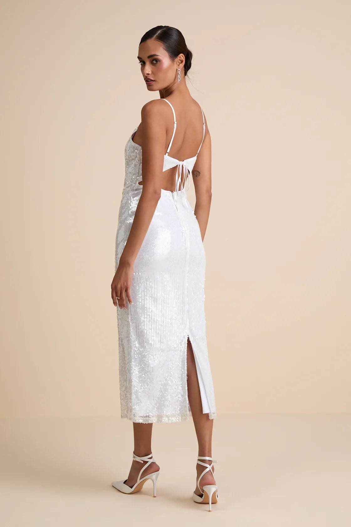 Cahya White Sequin Tie-Back Midi Dress