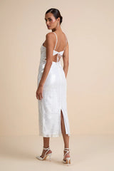 Cahya White Sequin Tie-Back Midi Dress