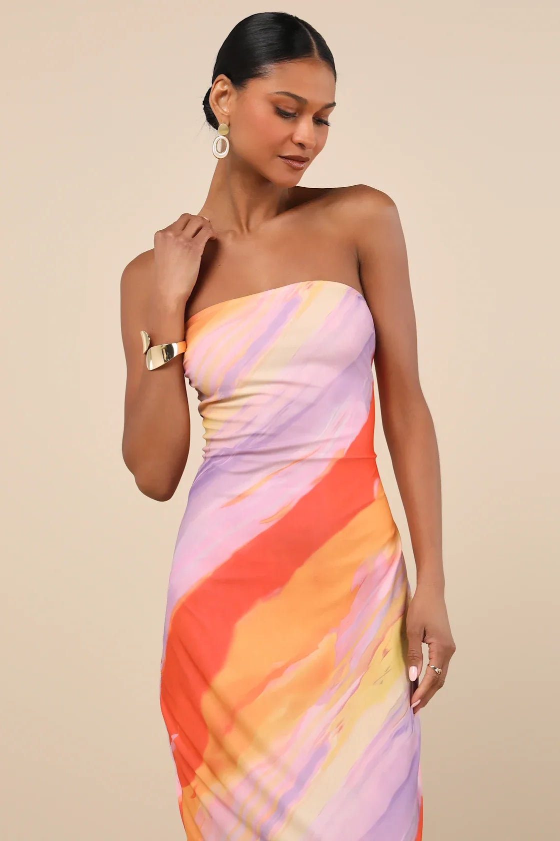 Jaylah Light Blue Multi Mesh Strapless Midi Dress
