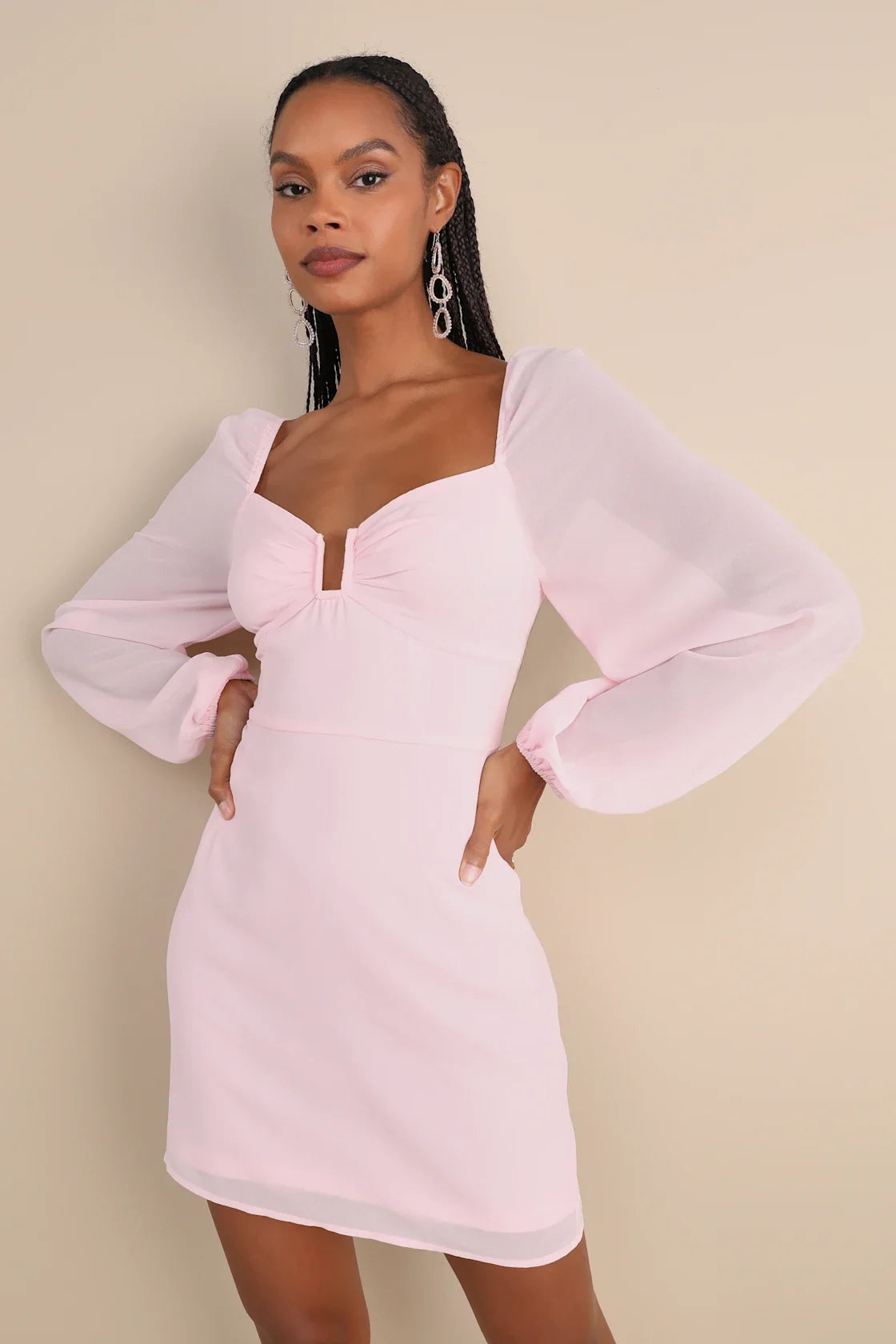 Flirtatious Designs Light Pink Chiffon Balloon Sleeve Mini Dress