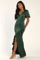 Eternal Bond Emerald Satin Ruffled Flutter Sleeve Maxi Dress