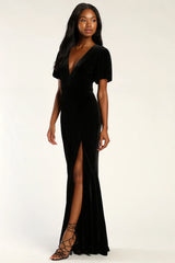 Elegant Evenings Navy Velvet Flutter Sleeve Trumpet Maxi Dress