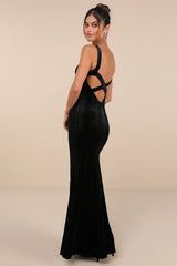 Perfectly Classy Navy Blue Velvet Strappy Maxi Dress