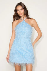 Colmar Light Blue Tinsel Fringe Halter Mini Dress