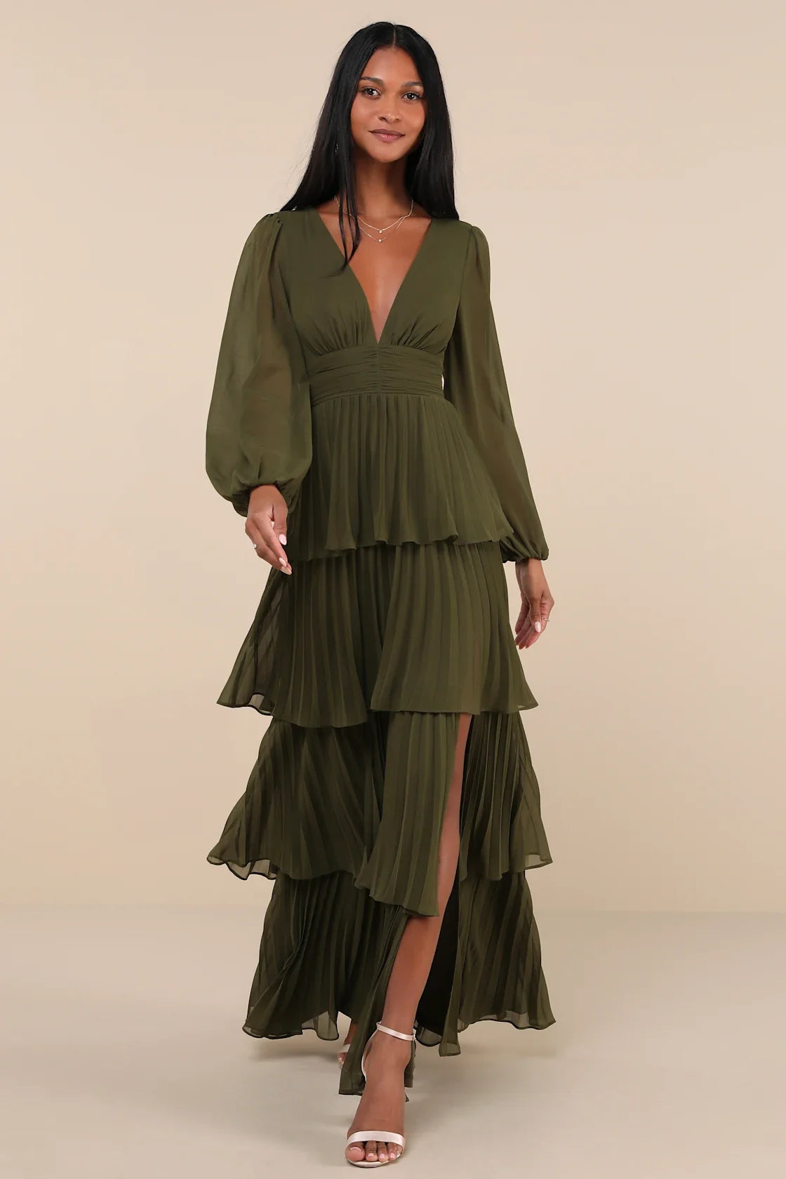 Graceful Finesse Navy Blue Pleated Long Sleeve Maxi Dress