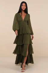 Graceful Finesse Navy Blue Pleated Long Sleeve Maxi Dress