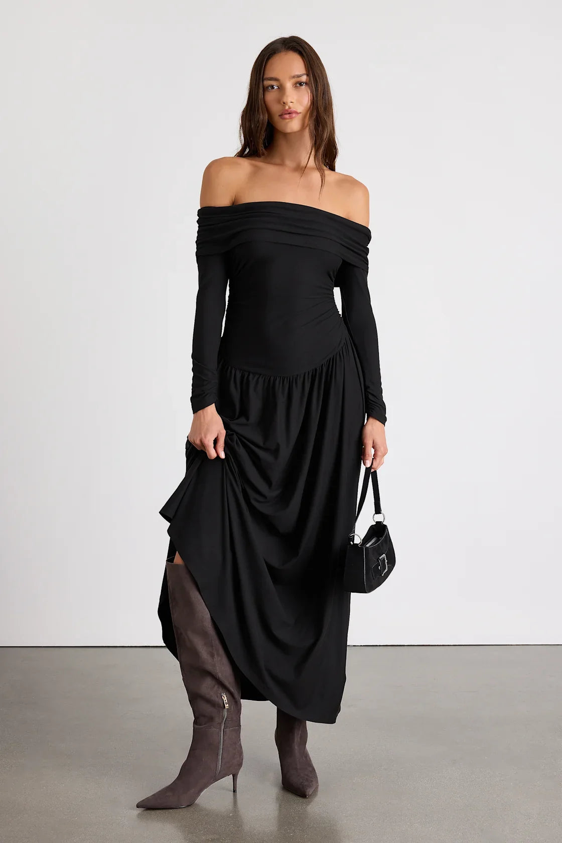 Sescca Black Off-the-Shoulder Jersey Knit Maxi Dress