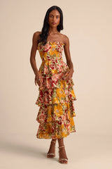 Nayha Blue Multi Floral Strapless Tiered Midi Dress