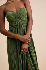 Oswin Navy Satin Plisse Strapless Maxi Dress