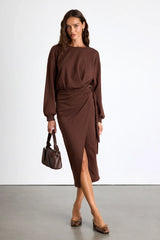 Eunia Charcoal Grey Jersey Knit Long Sleeve Wrap Midi Dress