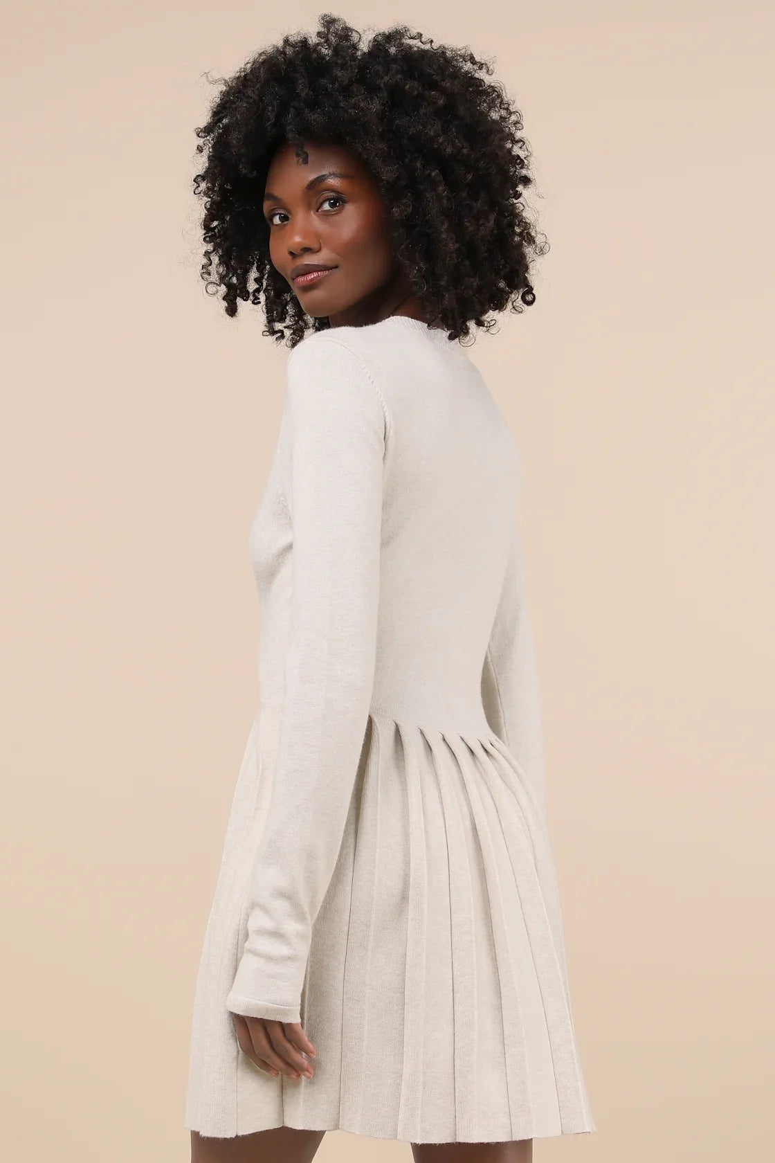 Beyond Sweet Heathered Beige Pearl Pleated Mini Sweater Dress