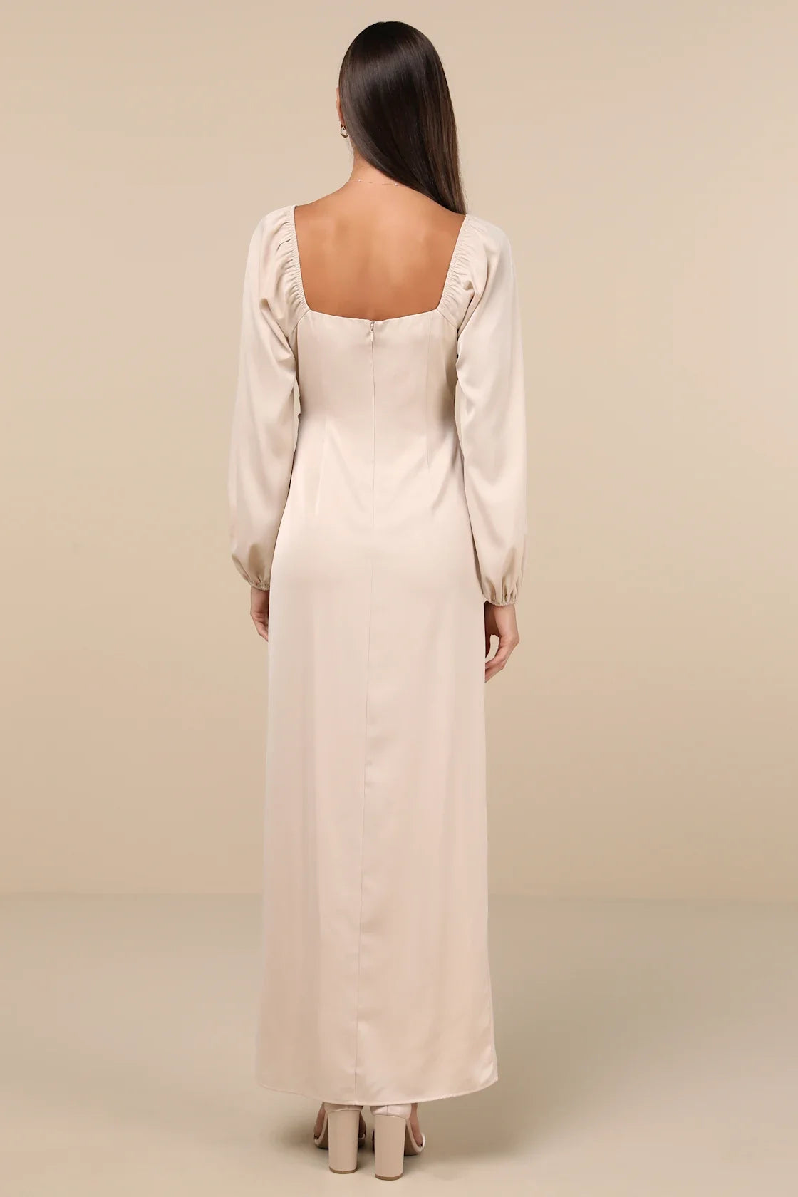 Eternal Heart Champagne Satin Long Sleeve Maxi Dress